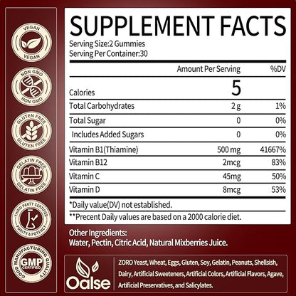 Thiamine Vitamin B1 Gummies - 500g Vegan Sugar Free Thiamine Supplement, with Natural Mixed Berries Flavor for Adults & Kids (60 Counts) Focus Supplement
