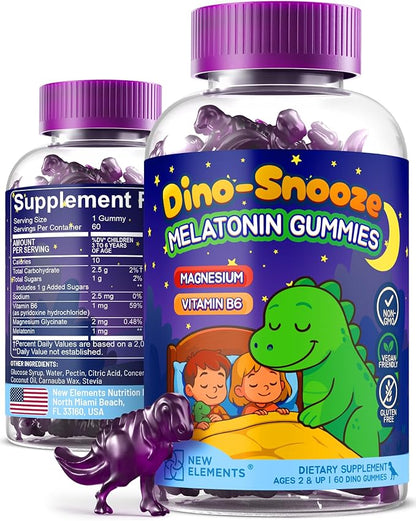 New Elements Melatonin Gummies Kids 2mg with Magnesium Glycinate & Vitamin B6 | Sleep Gummies for Kids | Dinosaur-Shaped Sleep Support | Natural Grape Flavor | Sugar Free | Non-GMO | Gluten Free