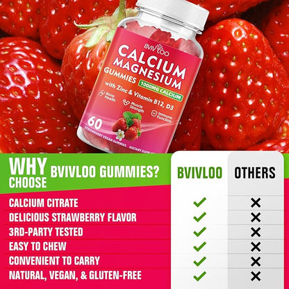 Calcium Gummies 1000mg with Vitamin D3 K2 & B Complex, Potassium, Calcium Magnesium Zinc Gummies for Bone, Muscle, Mood and Immunity - Vegan, Non-GMO, Strawberry Flavor 120 Count