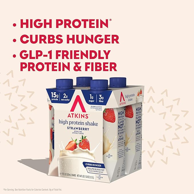 Atkins Strawberry Flavored Protein Shake, High Protein, Low Glycemic, Low Sugar and Low Carb, Keto Friendly, Gluten Free, 12 Count