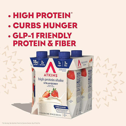 Atkins Strawberry Flavored Protein Shake, High Protein, Low Glycemic, Low Sugar and Low Carb, Keto Friendly, Gluten Free, 12 Count