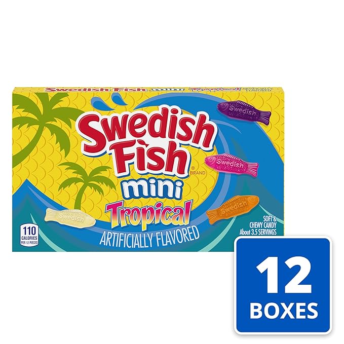 SWEDISH FISH Mini Tropical Soft & Chewy Gummy Candy, Bulk Candy, 12 - 3.5 oz Boxes