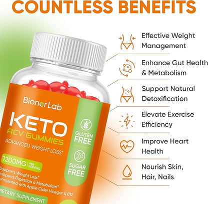 BionerLab Keto ACV Gummies for Advanced Weight Loss Rapid Belly Fat Burn - Sugar Gluten Free Pro Active Super Apple Cider Vinegar Diet Supplement for Men Women - Digestion Metabolism Hair Skin Health
