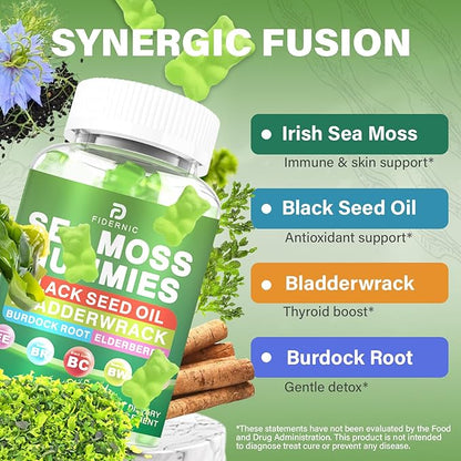 Sea Moss Gummies – Irish Sea Moss with Black Seed Oil, Bladderwrack, Burdock Root for Immune & Detox Support, Vegan Green Apple Flavor Gummies for Adults, Kids, Men, Women - 60 Gummies