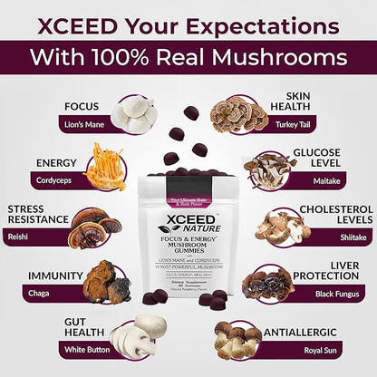 Lions Mane & Cordyceps Mushroom Gummies - 10in1 Supplement - for Focus, Energy, Mood, Memory & Clarity (3 Pack)