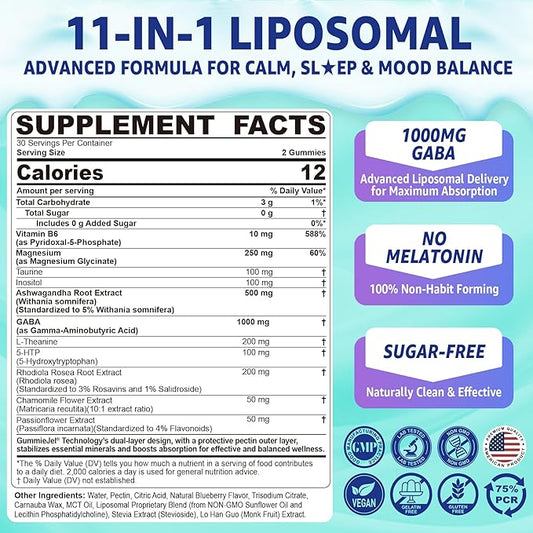 GABA Gummies 1000mg - Liposomal Calm Mood Gummies with L-Theanine, Magnesium Glycinate, Ashwagandha, 5htp, Inositol, Melatonin-Free for Zzz Better, GABA Supplements for Adult, Sugar-Free 60Cts