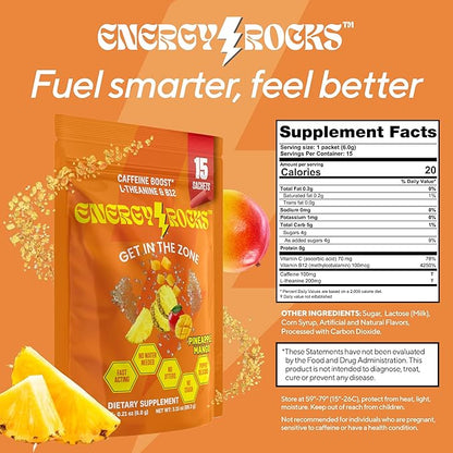 Caffeine Candy - Popping Energy Candy Crystals, 100mg Caffeine, L-Theanine & B12 - Fast Energy, No Drink Needed - Coffee Alternative 15-Pack (Pineapple Mango)