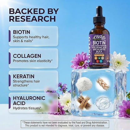 Liquid Biotin & Collagen Keratin Hyaluronic Acid Saw Palmetto Drops Vitamins for Hair Growth Support Silica Vitamin A C D Bamboo Turmeric Zinc Folate Magnesium Horsetail LuxFlo By Clean Nutra