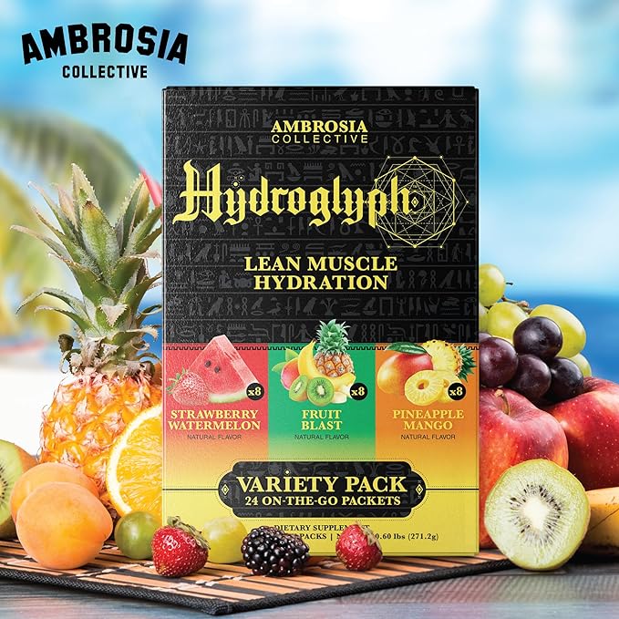 Ambrosia Hydroglyph Fasting Electrolytes Packets | Hydration Powder with Amino Acids | Sugar Free Electrolyte Powder for Fasting & Intra Workout | 30 Single Servings, Variety Pack