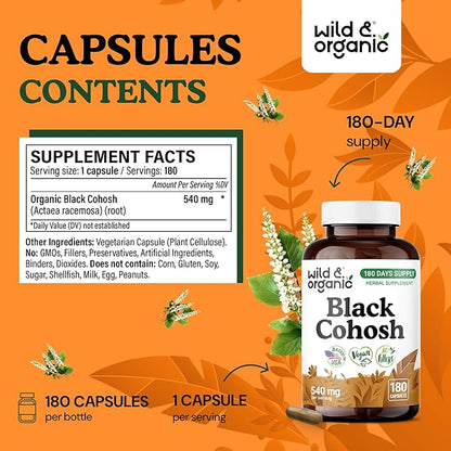 Wild & Organic Black Cohosh Capsules 540 mg - Menopause Supplements for Women - Black Cohosh for Women - Actaea Racemosa Herb - 180 Days of Supply - Vegan, No Fillers, Non-GMO - 180 Count