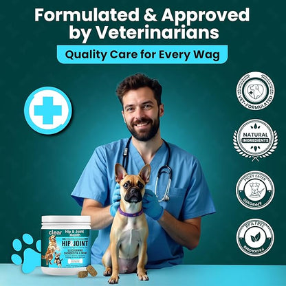 Glucosamine for Dogs Hip and Joint Supplement - Chondroitin, MSM, Green-Lipped Mussel - Clear Hip & Joint - Advanced Mobility Cartilage Support, Bone Health - Tasty Chews 60ct - Made in USA