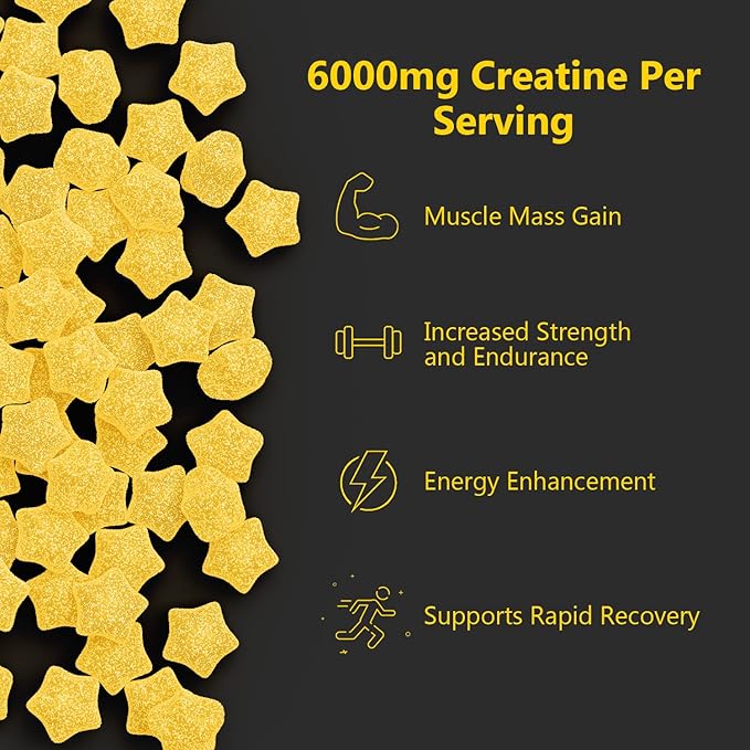 Creatine Gummies Sugar-Free with 6000 mg Creatine Monohydrate, Creatine for Women and Men Contains Vitamin B6 & Taurine, 120 Gummies