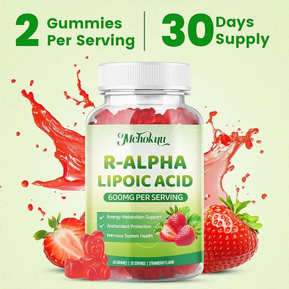 R Alpha Lipoic Acid 600mg Gummies, Stabilized R-Alpha Lipoic Acid, ALA Supplement for Nerve Health, Antioxidant & Metabolism Support- Vegan, Non-GMO, Gluten Free, Strawberry Flavor - 120 Count