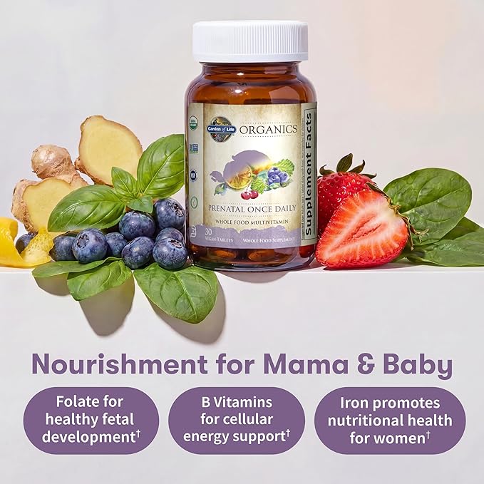Garden of Life Organics Prenatal Vitamin: Folate for Energy & Healthy Fetal Development, Non-constipating Iron, Vitamin C, B6, B12, D3 – Organic, Non-GMO, Gluten-Free, Vegan, 30 Day Supply