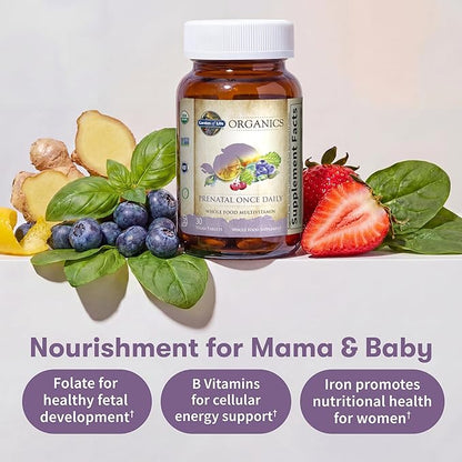 Garden of Life Organics Prenatal Vitamin: Folate for Energy & Healthy Fetal Development, Non-constipating Iron, Vitamin C, B6, B12, D3 – Organic, Non-GMO, Gluten-Free, Vegan, 30 Day Supply