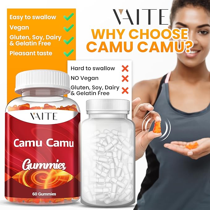 VAITE Camu Camu Vitamin C Gummies for Skin and Hair – Antioxidant-Rich, Vegan, Gluten-Free Supplement for Immune Support, Energy Boost, and Collagen – 60 Chewables for Active Men and Women