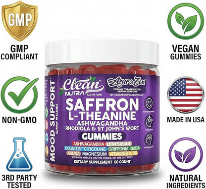 AuraZen Mood Support Saffron Gummies L-Theanine Ashwagandha Rhodiola St John's Wort Lions Mane GABA Vitamin D Magnesium Supplement | Calm Vegan Plant-Based Herbal Gummy By Clean Nutra