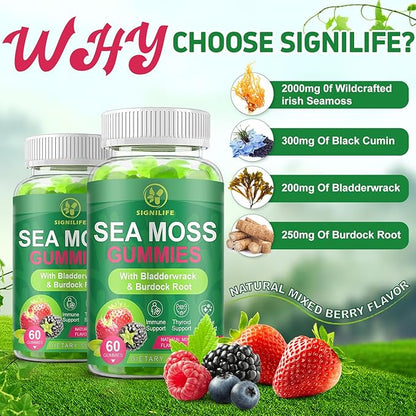Organic Sea Moss Gummies, Natural Irish Sea Moss with Bladderwrack,Burdock Root,Black Cumin Seed for Immune, Thyroid and Detox Support, Gluten-Free, Vegan - 60 Gummies