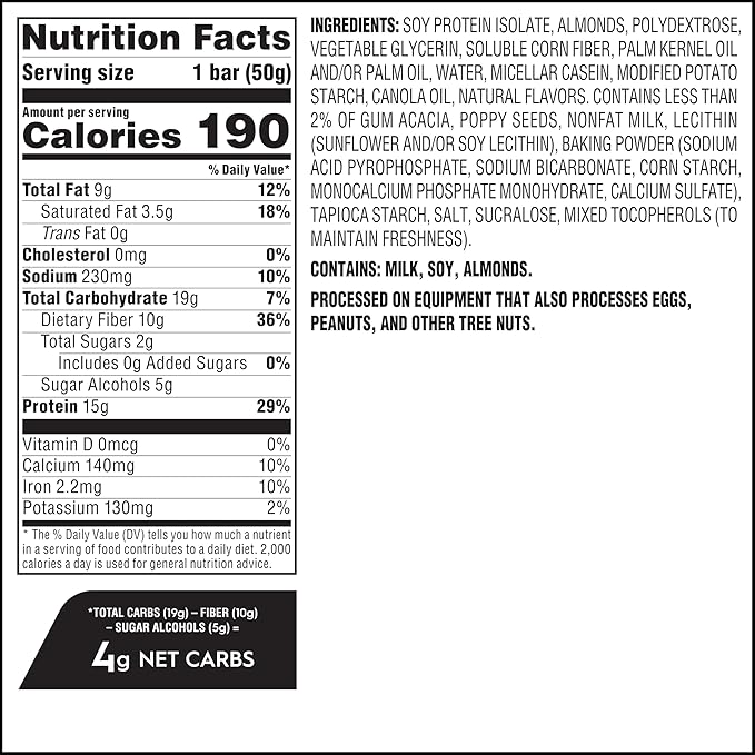 Atkins Soft Baked High Protein Bars, Lemon Poppy Seed Flavor, 15g Protein, 4g Net Carbs, 2g Sugar, Keto Snacks, Low Sugar Bars, High Fiber Snacks, 6 pack (4 bars each)