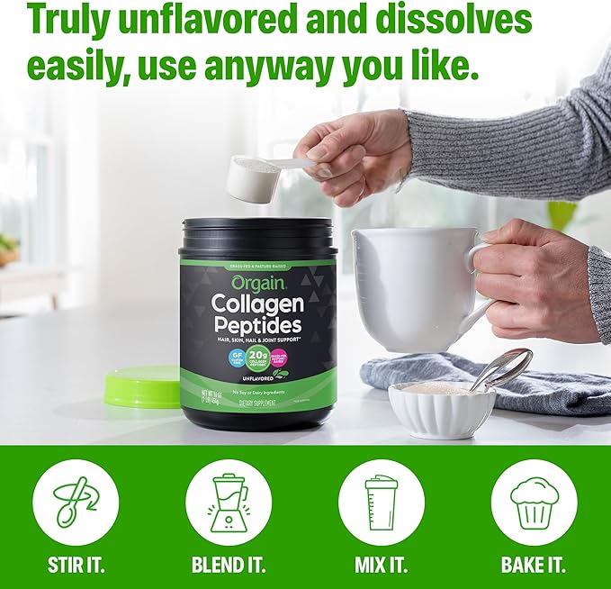 Orgain Hydrolyzed Collagen Peptides Powder For Women & Men, 20g Grass Fed Collagen, Unflavored - Hair, Skin, Nail, & Joint Support Supplement, Paleo & Keto, Non-GMO, Type I and III, 1lb