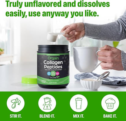 Orgain Hydrolyzed Collagen Peptides Powder For Women & Men, 20g Grass Fed Collagen, Unflavored - Hair, Skin, Nail, & Joint Support Supplement, Paleo & Keto, Non-GMO, Type I and III, 1lb