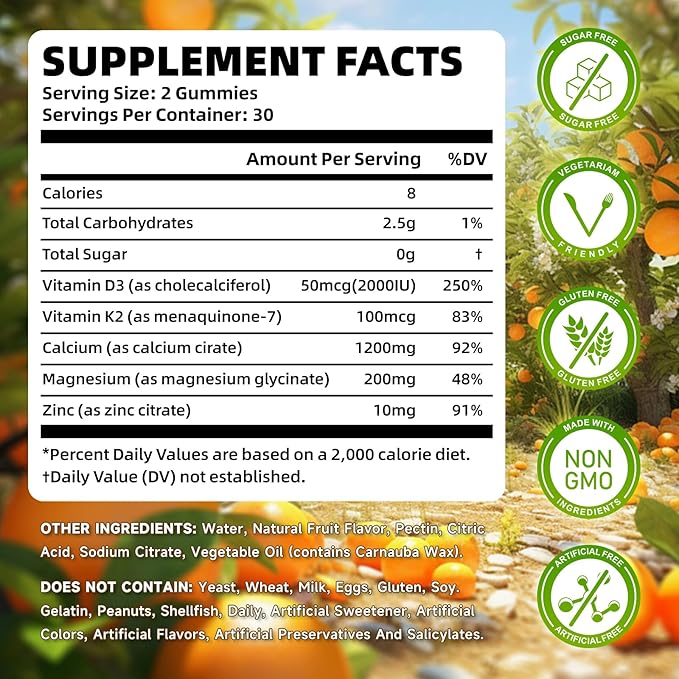 Calcium Citrate Gummies 1200 mg with Vitamin D3, K2, Magnesium, Zinc, Bone Support for Bones, Muscles & Joints,Immunity & Memory Support, 60 Count
