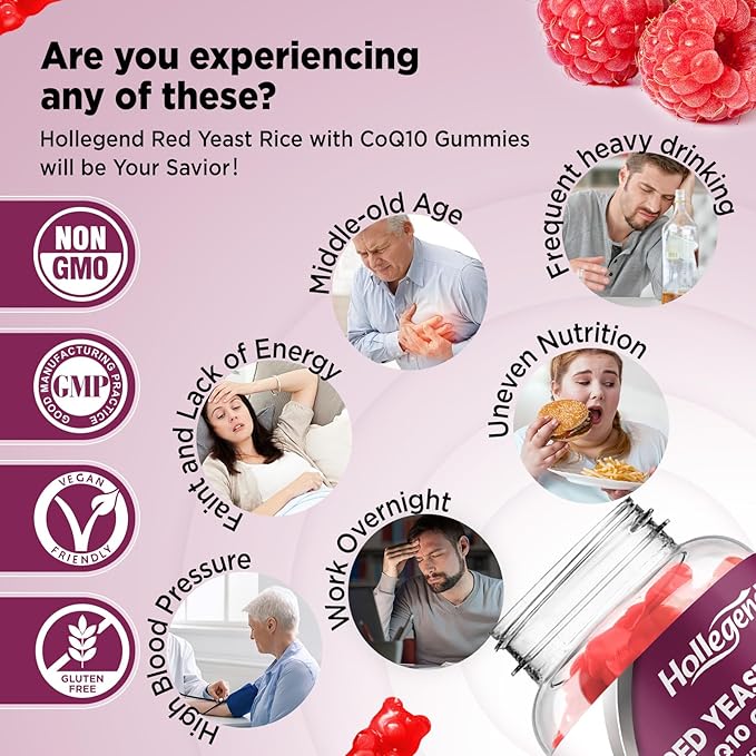 Red Yeast Rice with Coq10 Gummies Sugar Free,Organic Red Yeast Rice 2400mg Enhanced with Coenzyme Q10 200mg, Vegan, Non-GMO, 120 Chewables