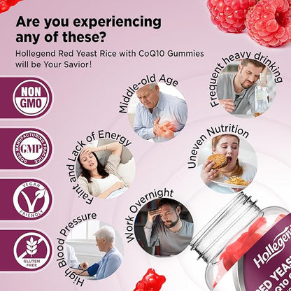 Hollgend Red Yeast Rice with Coq10 Gummies Sugar Free, Organic Red Yeast Rice 2400mg for Cholesterol Lowering Supplements, Enhanced with Coenzyme Q10 200mg for Heart Health Support, 60 Chewables