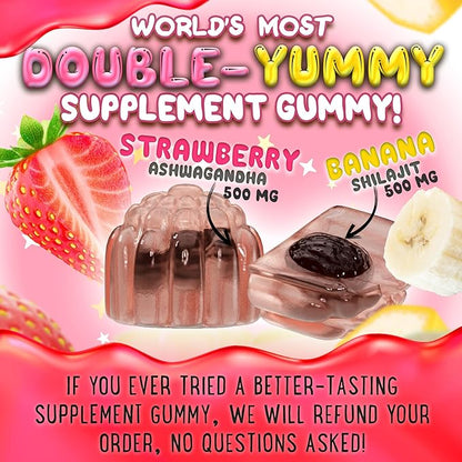 OH MY CHEWY Pure Himalayan Shilajit Gummies - High Potency Gold Grade Resin - Energy Boost and Immune Support for Men and Women with Ashwagandha and Shatavari - 60 Gummy - Strawberry & Banana