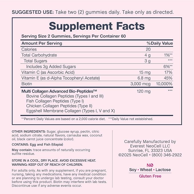 NeoCell Hair Skin and Nails Gummies | 120 Count | with Multi Collagen Advanced Bio-Peptides | Plus Biotin and Vitamin C | Advanced Formula | for Women and Men