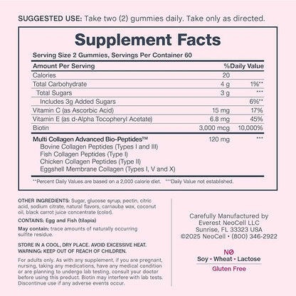 NeoCell Hair Skin and Nails Gummies | 120 Count | with Multi Collagen Advanced Bio-Peptides | Plus Biotin and Vitamin C | Advanced Formula | for Women and Men