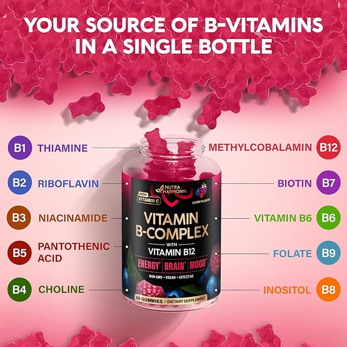 Vitamin B-Complex Gummies for Women & Men - Vitamin B12, B1, B2, B3, B5, B6, B7 & B9 - B Complex with Vitamin C & Choline - Energy, Brain & Mood - Natural Berry Flavor, Vegan - 60 Gummies 2 Pack