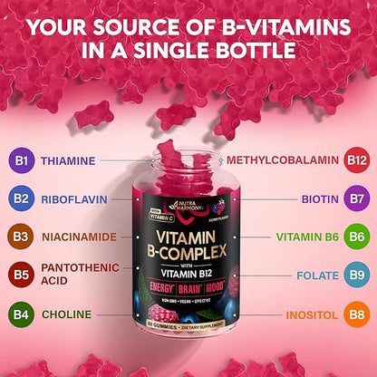 Vitamin B-Complex Gummies for Women & Men - Vitamin B12, B1, B2, B3, B5, B6, B7 & B9 - B Complex with Vitamin C & Choline - Energy, Brain & Mood - Natural Berry Flavor, Vegan - 60 Gummies 2 Pack