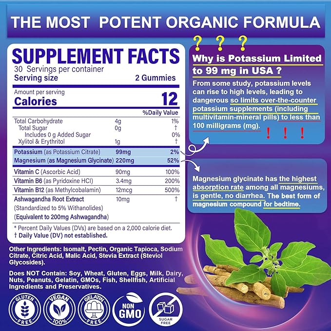 Potassium Magnesium Gummies - Potassium Supplement w/Ashwagandha 200mg, Magnesium Glycinate,B6,B12,P-otassium Citrate for Leg Cramps,Muscle,Electroyte for Adults Kids,Sugar-Free, 2 Pack