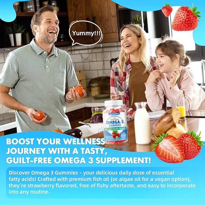softbear Omega 3 Gummies for Women & Men & Kids Omega 3 Supplements 1200mg Vegan Omega 3 Fatty Acids DHA EPA with Vitamins Support Eye & Brain Health, Sugar Free, Strawberry Flavor 60 Count