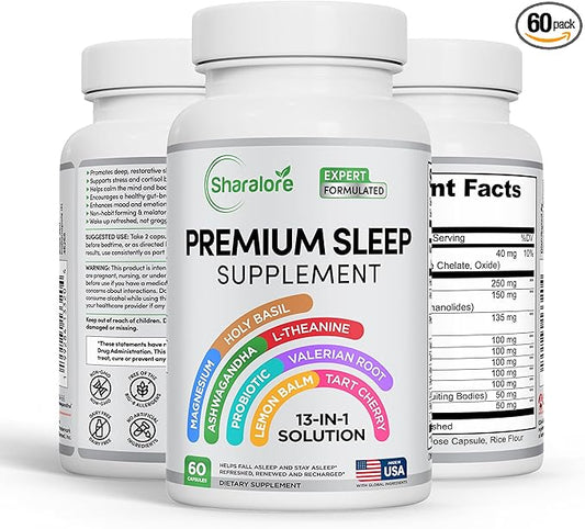 13-in-1 Natural Sleep Aid for Adults – Melatonin-Free Premium Sleep Supplement with Magnesium, Ashwagandha, 5-HTP, Valerian Root & Probiotics – Non-Habit Forming – 60 Capsules