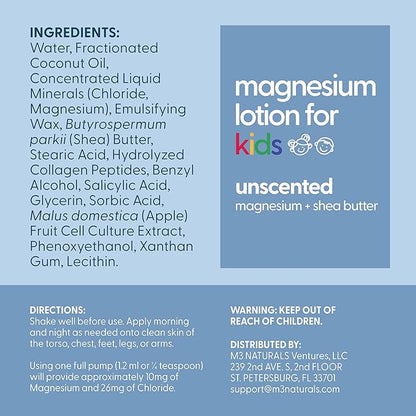 Magnesium Lotion for Kids & Babies with Sensitive Skin | Unscented Formula Soothes Tired Legs, Supports Restful Night’s Sleep, Moisturizes & Hydrates Skin, 8 fl oz (237 mL) by M3