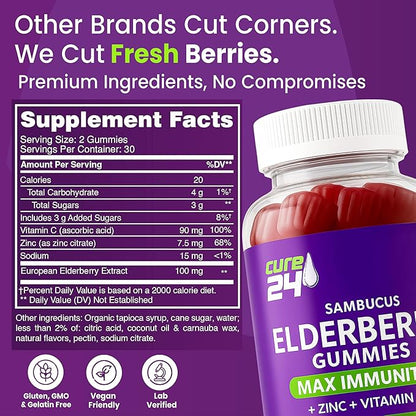 Sambucus Elderberry Gummies + Vitamin C + Zinc for Kids & Adults, X3 Immune Support, Natural Flavors + Ingredients, Vegan, Non-GMO, Made in USA (60)