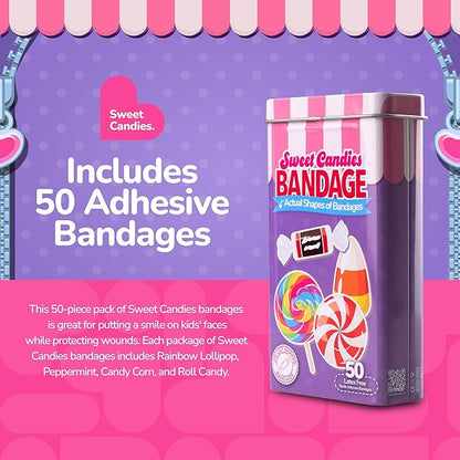 BioSwiss Bandages, Sweet Candies Shaped Self Adhesive Bandage Set, Latex Free, Sterile Wound Care, 50 Count