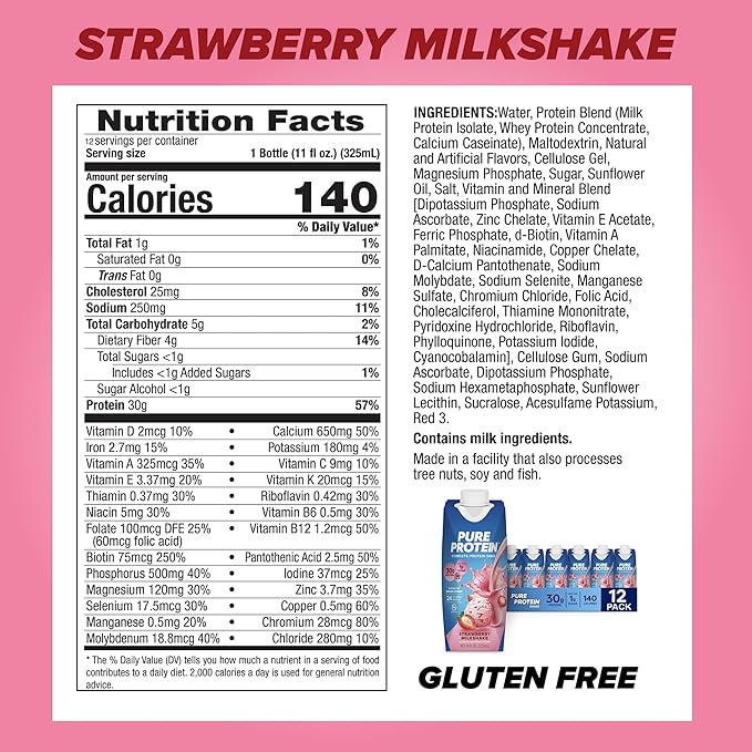 Pure Protein Strawberry Protein Shake,30g Complete-Protein,Ready to Drink and Keto-Friendly,Vitamins A,C,D,and E plus Zinc to Support Immune Health,11oz Bottles,(Pack of 24)