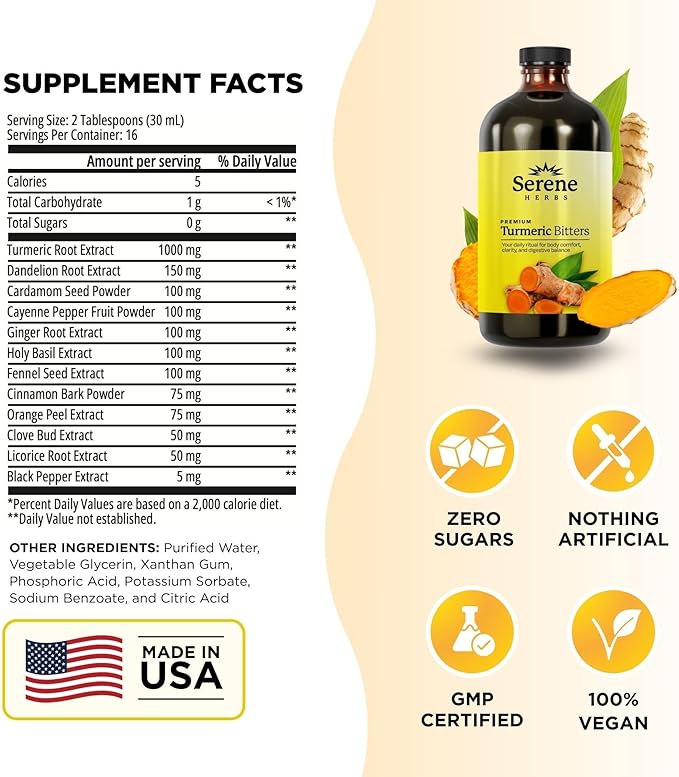 Serene Herbs Liquid Turmeric with Black Pepper - Turmeric Shots Curcumin Supplement 1000mg Extra Strength Herbal Drink, Digestive Bitters for Bloating Relief, Joint Health, Energy & Clarity - 16oz