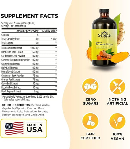Serene Herbs Liquid Turmeric with Black Pepper - Turmeric Shots Curcumin Supplement 1000mg Extra Strength Herbal Drink, Digestive Bitters for Bloating Relief, Joint Health, Energy & Clarity - 16oz