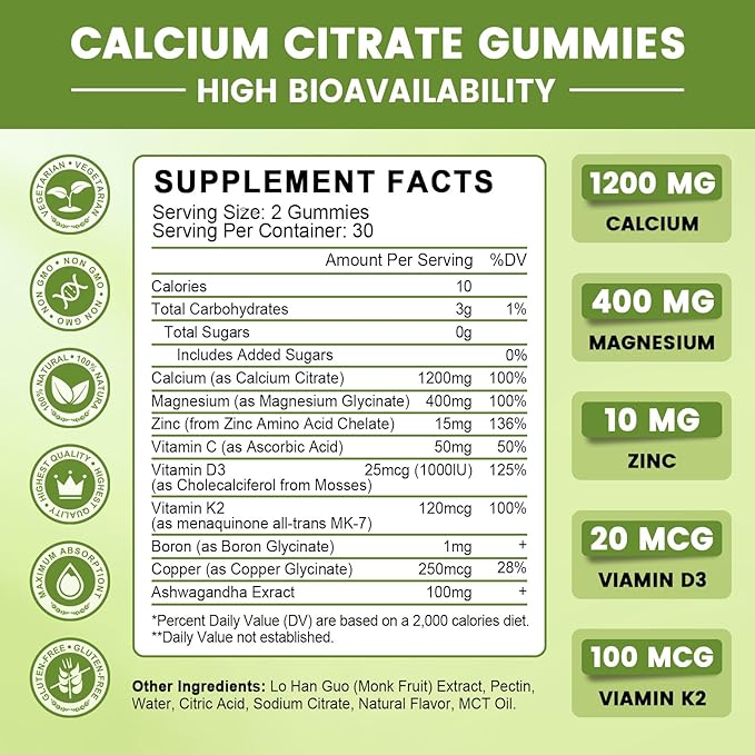 Calcium Citrate 1200mg with Vitamin D3, Calcium Gummies for Women, Calcium Supplements for Bone, Muscle, Immune Support, Sugar Free, Pineapple Flavor - 60 Gummies