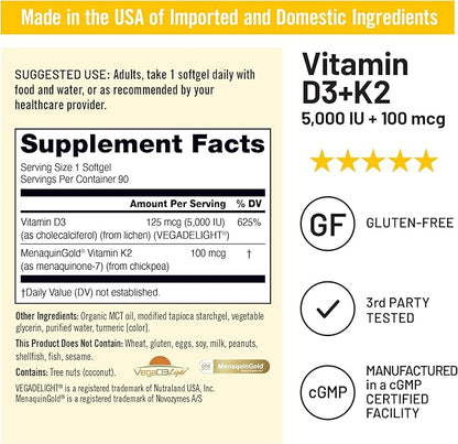NatureWise Vegan Vitamin D3 + K2 with Organic Coconut MCT Oil - Natural D3 5000IU + Natural K2 100mcg - High Absorption Bone Support - Soy & Gluten Free - USA Manufactured - 90 Softgels[90-Day Supply]