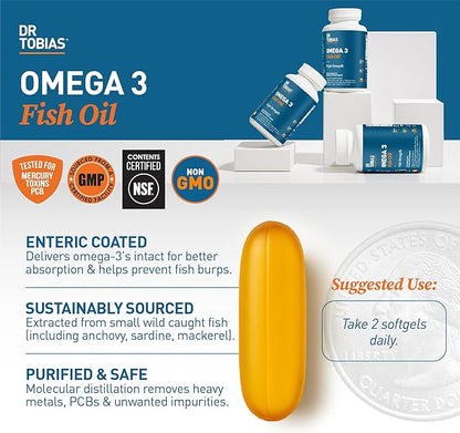Dr. Tobias Omega 3 Fish Oil 2000mg Triple Strength with 800mg EPA 600mg DHA Per Serving | Fish Oil Omega 3 Supplements for Heart Brain & Immune Support - 360 Softgels (180 Servings)