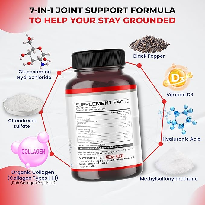 Glucosamine Chondroitin MSM - Joint Mobility Support Supplement Enhanced with Collagen, Hyaluronic Acid, Vitamin D3 | 150 Capsules
