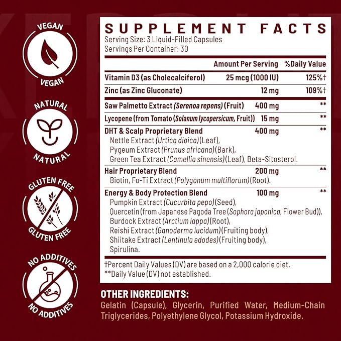 DHT Blocker for Men | Hair Growth Vitamins Supplement with Saw Palmetto & Biotin - Hair Regrowth - Natural Hair Loss Supplements Liquid-Filled - Proprietary Herbal Blends (90 Capsules)
