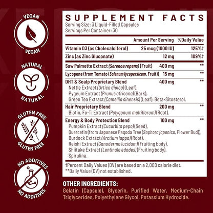 DHT Blocker for Men | Hair Growth Vitamins Supplement with Saw Palmetto & Biotin - Hair Regrowth - Natural Hair Loss Supplements Liquid-Filled - Proprietary Herbal Blends (180 Capsules)