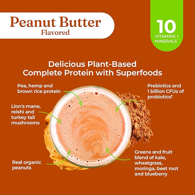 Four Sigmatic Organic Plant-Based Protein Powder | Clean Vegan Protein Elevated with Lion’s Mane, Chaga, Cordyceps and More for Brain Function and Immune Support | Peanut Butter, 21.16 oz
