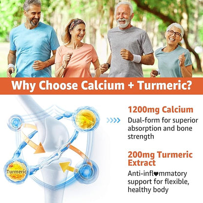 Calcium Gummies with Turmeric for Women & Men - Calcium 1200mg with Vitamin D3 K2 B12 5000 IU & Zinc, Suger-Free Calcium Supplement for Bone, Muscle Strength & Immune Support - Vegan(120 Count)